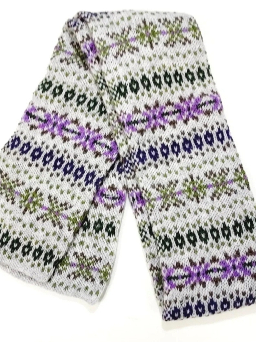 Hermione's Fair Isle Knit Scarf in Purple, Green & Gray Fair Isle Wool Scarf - Picture 2 of 7